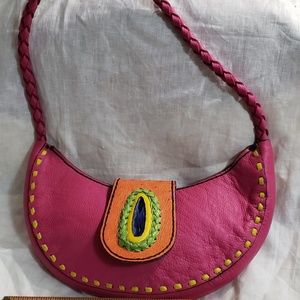 Maia leather hand stitched hot pink shoulder bag